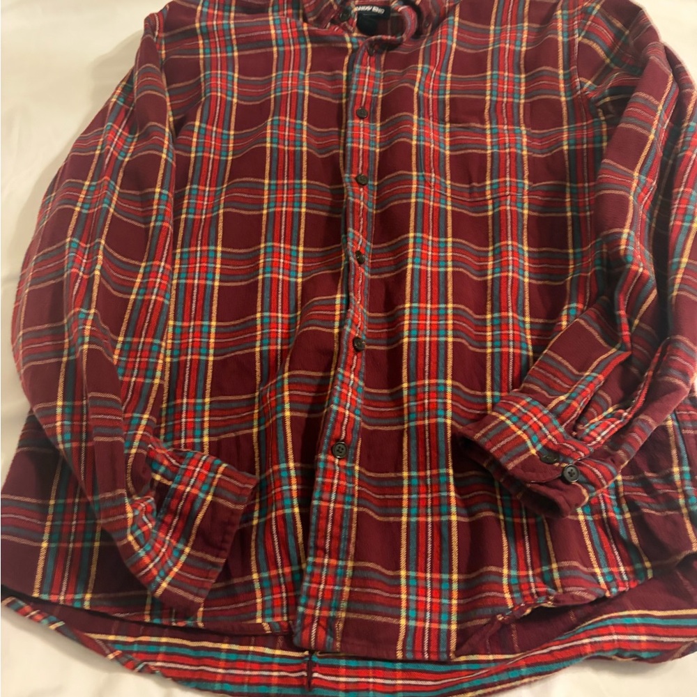 Lands'‎ End Men's Burgundy and Green Plaid Shirt